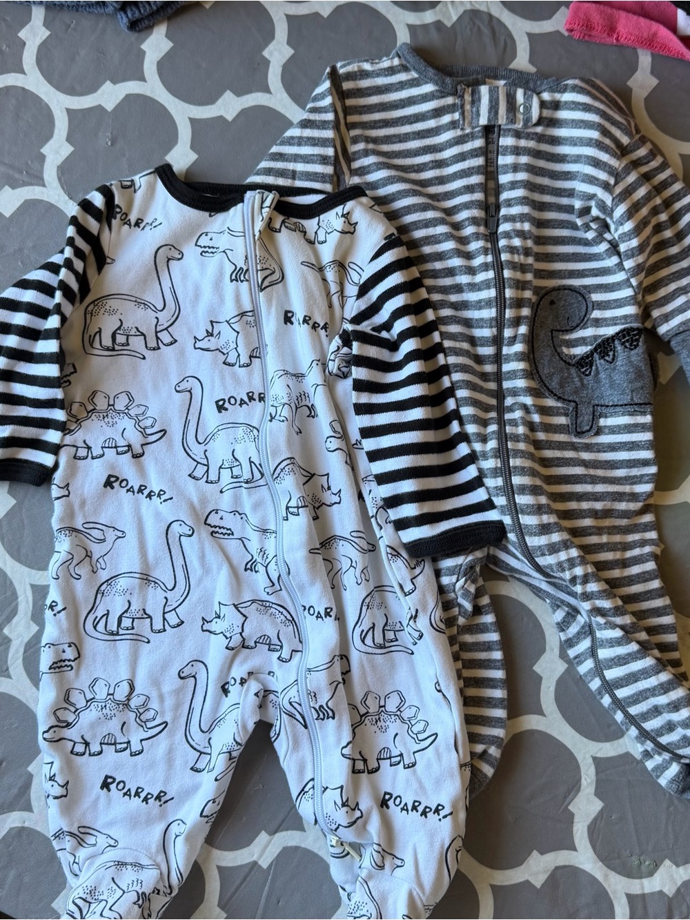 Striped Dino Zip-Front Baby One-Piece - White & Gray